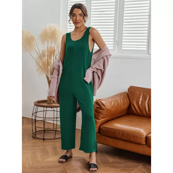 Ekouaer Womens Onesies Pajamas Scoop Neck Tank Jumpsuits Casual Wide Leg Loose Rompers with PocketsDeep Green