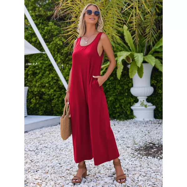 Ekouaer Womens Onesies Pajamas Scoop Neck Tank Jumpsuits Casual Wide Leg Loose Rompers with PocketsDeep Red