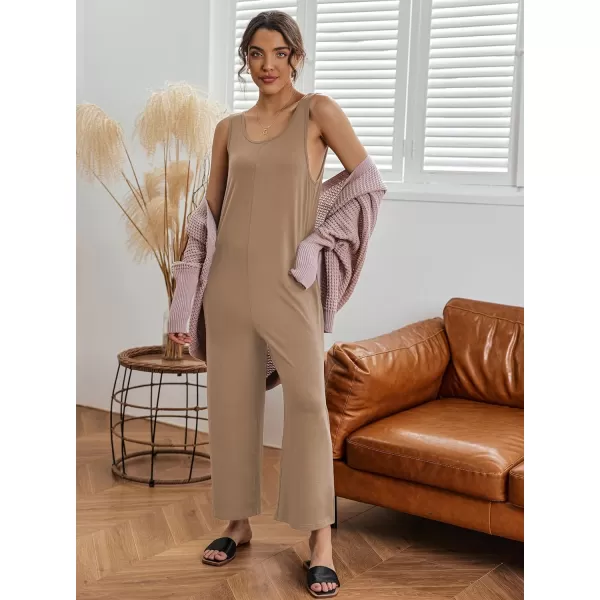 Ekouaer Womens Onesies Pajamas Scoop Neck Tank Jumpsuits Casual Wide Leg Loose Rompers with PocketsKhaki