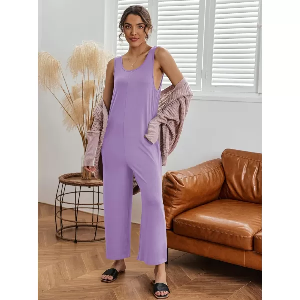 Ekouaer Womens Onesies Pajamas Scoop Neck Tank Jumpsuits Casual Wide Leg Loose Rompers with PocketsLilac