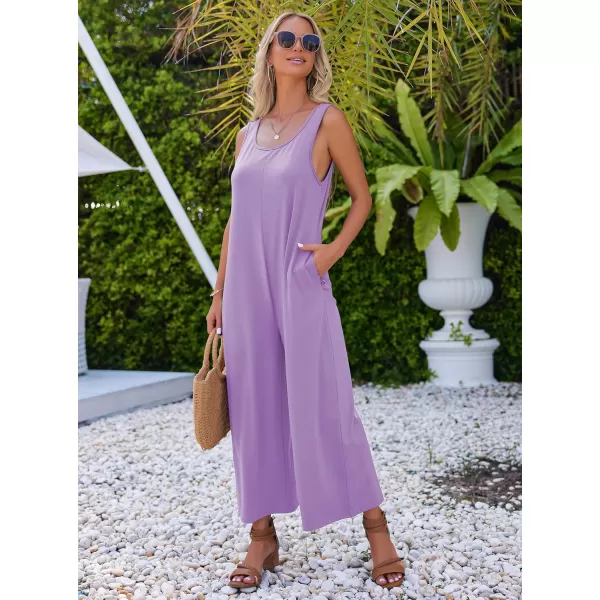 Ekouaer Womens Onesies Pajamas Scoop Neck Tank Jumpsuits Casual Wide Leg Loose Rompers with PocketsLilac