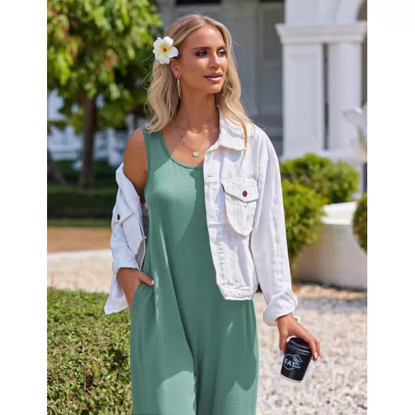 Ekouaer Womens Onesies Pajamas Scoop Neck Tank Jumpsuits Casual Wide Leg Loose Rompers with PocketsMint Green