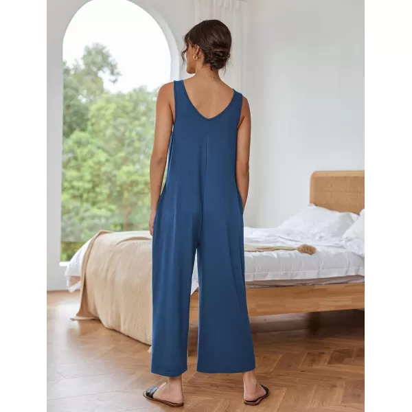 Ekouaer Womens Onesies Pajamas Scoop Neck Tank Jumpsuits Casual Wide Leg Loose Rompers with PocketsNavy