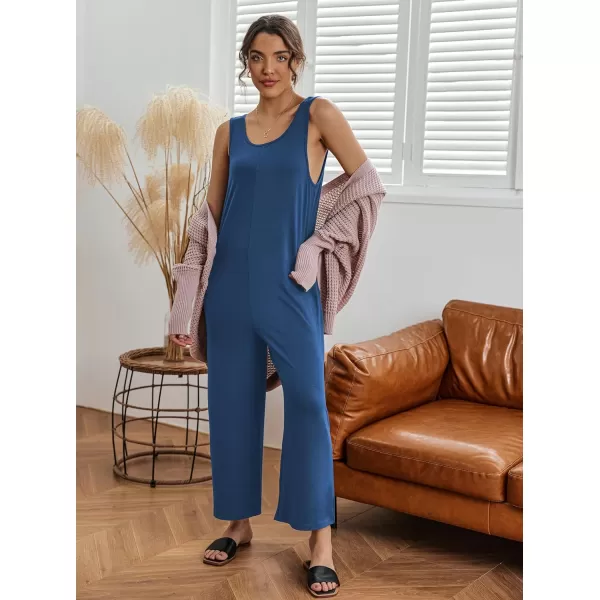 Ekouaer Womens Onesies Pajamas Scoop Neck Tank Jumpsuits Casual Wide Leg Loose Rompers with PocketsNavy