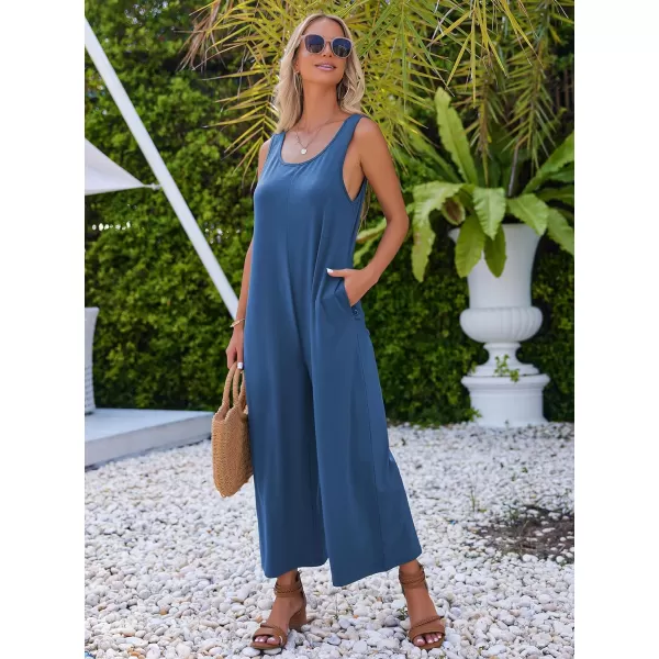 Ekouaer Womens Onesies Pajamas Scoop Neck Tank Jumpsuits Casual Wide Leg Loose Rompers with PocketsNavy