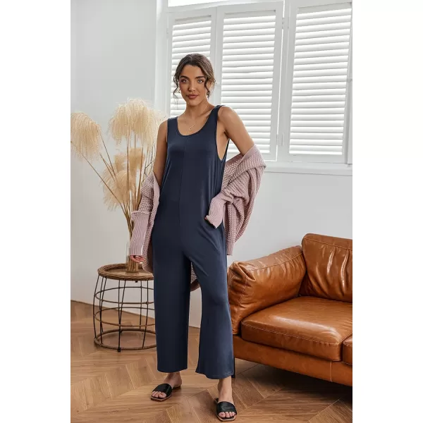 Ekouaer Womens Onesies Pajamas Scoop Neck Tank Jumpsuits Casual Wide Leg Loose Rompers with PocketsNavy Blue