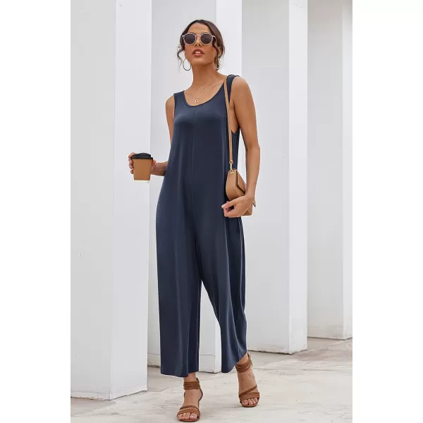 Ekouaer Womens Onesies Pajamas Scoop Neck Tank Jumpsuits Casual Wide Leg Loose Rompers with PocketsNavy Blue