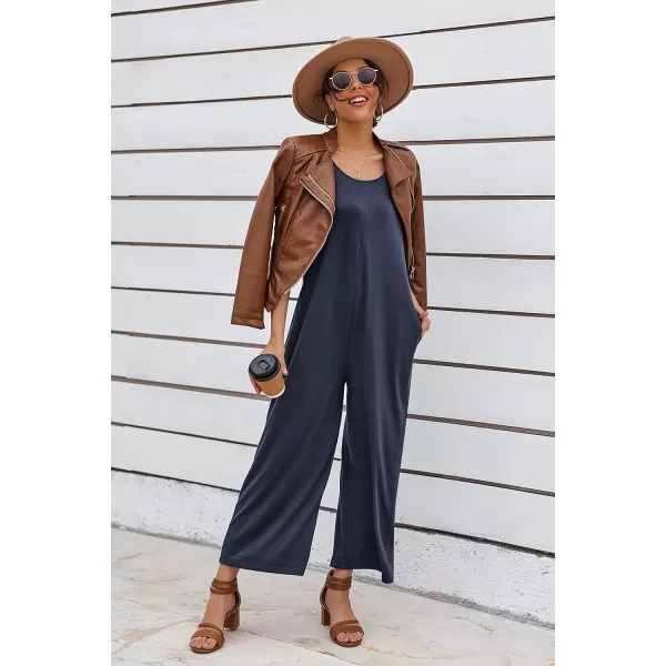 Ekouaer Womens Onesies Pajamas Scoop Neck Tank Jumpsuits Casual Wide Leg Loose Rompers with PocketsNavy Blue