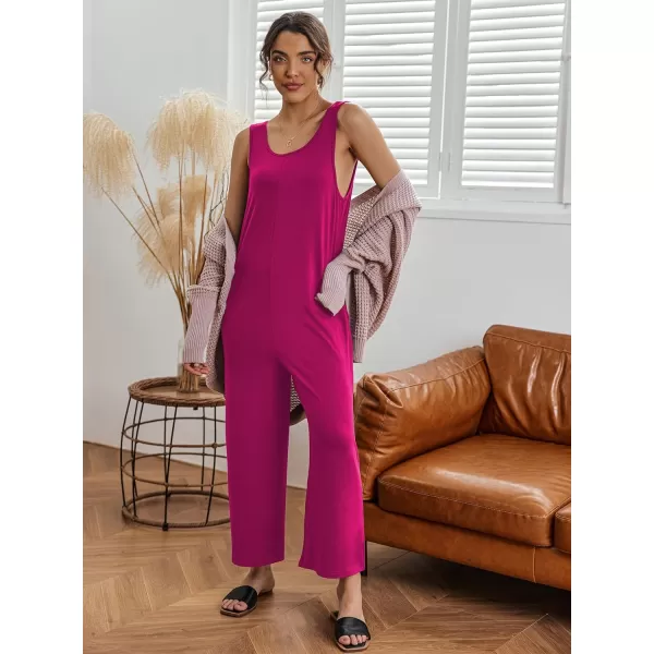Ekouaer Womens Onesies Pajamas Scoop Neck Tank Jumpsuits Casual Wide Leg Loose Rompers with PocketsRose Red