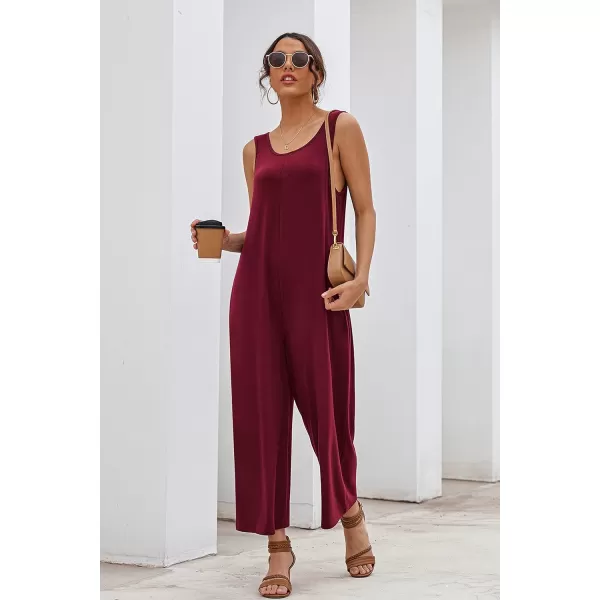 Ekouaer Womens Onesies Pajamas Scoop Neck Tank Jumpsuits Casual Wide Leg Loose Rompers with PocketsWine Red