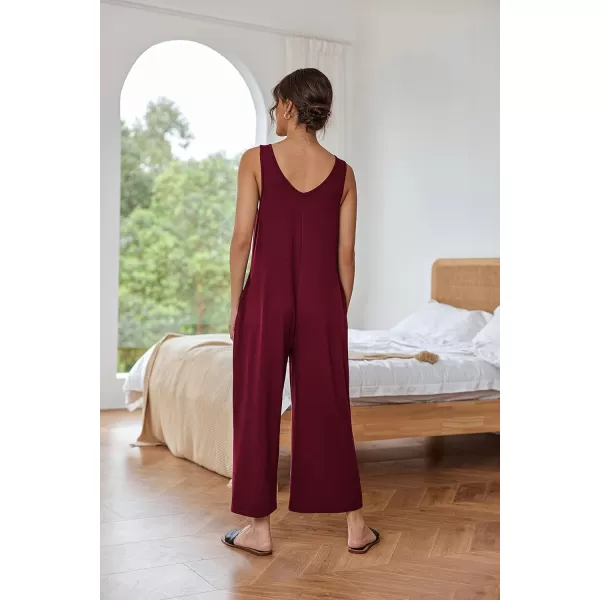 Ekouaer Womens Onesies Pajamas Scoop Neck Tank Jumpsuits Casual Wide Leg Loose Rompers with PocketsWine Red