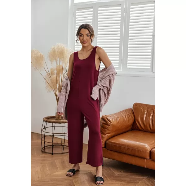 Ekouaer Womens Onesies Pajamas Scoop Neck Tank Jumpsuits Casual Wide Leg Loose Rompers with PocketsWine Red