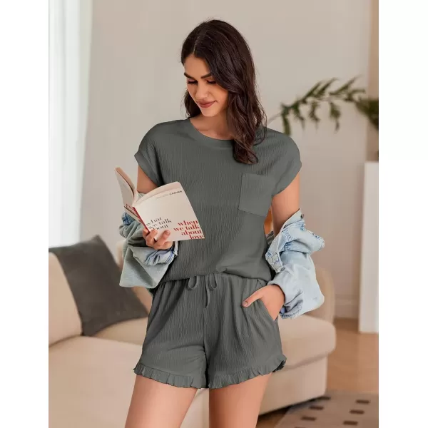 Ekouaer Womens Pajama Set Cap Sleeve Lounge Set Tops and Ruffle Shorts Pj Sets Casual Sleepwear with PocketsDark Gray