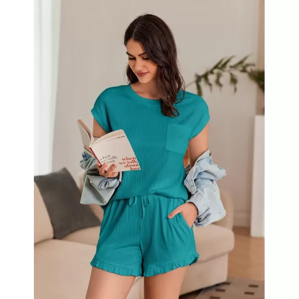 Ekouaer Womens Pajama Set Cap Sleeve Lounge Set Tops and Ruffle Shorts Pj Sets Casual Sleepwear with PocketsDark Peacock Blue