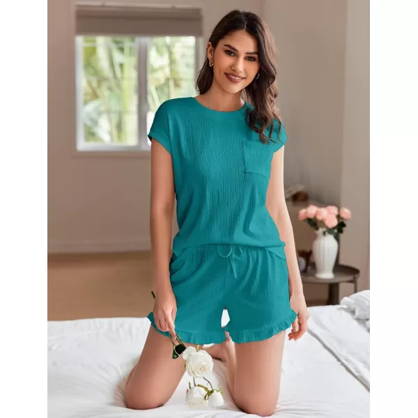 Ekouaer Womens Pajama Set Cap Sleeve Lounge Set Tops and Ruffle Shorts Pj Sets Casual Sleepwear with PocketsDark Peacock Blue