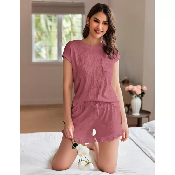 Ekouaer Womens Pajama Set Cap Sleeve Lounge Set Tops and Ruffle Shorts Pj Sets Casual Sleepwear with PocketsDark Pink