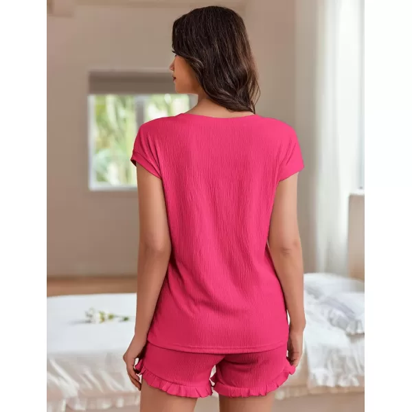 Ekouaer Womens Pajama Set Cap Sleeve Lounge Set Tops and Ruffle Shorts Pj Sets Casual Sleepwear with PocketsHot Pink