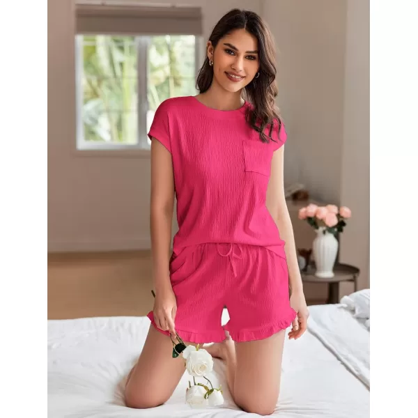 Ekouaer Womens Pajama Set Cap Sleeve Lounge Set Tops and Ruffle Shorts Pj Sets Casual Sleepwear with PocketsHot Pink