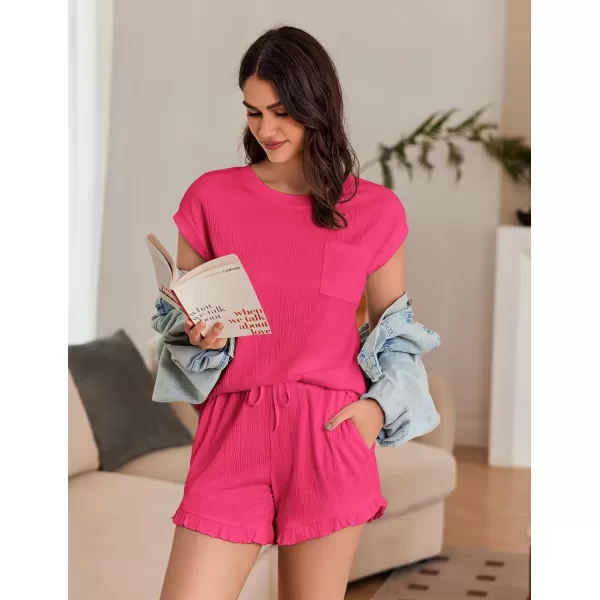 Ekouaer Womens Pajama Set Cap Sleeve Lounge Set Tops and Ruffle Shorts Pj Sets Casual Sleepwear with PocketsHot Pink