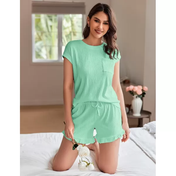 Ekouaer Womens Pajama Set Cap Sleeve Lounge Set Tops and Ruffle Shorts Pj Sets Casual Sleepwear with PocketsIce Green