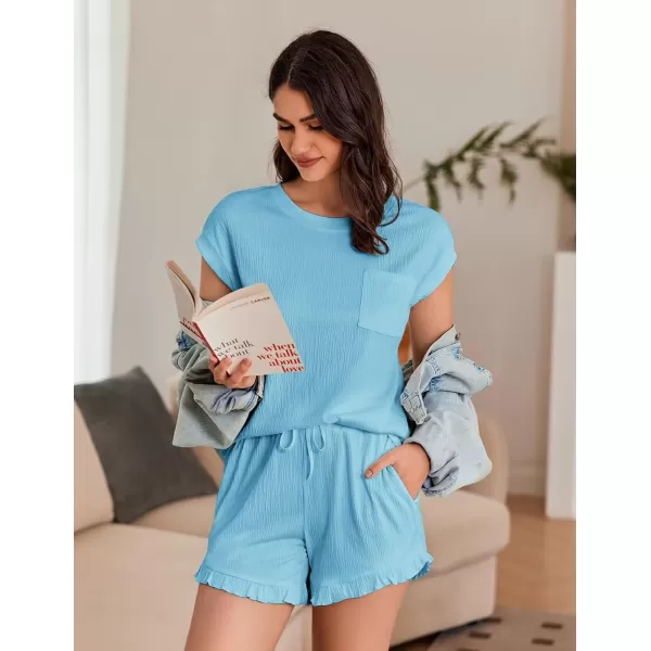 Ekouaer Womens Pajama Set Cap Sleeve Lounge Set Tops and Ruffle Shorts Pj Sets Casual Sleepwear with PocketsLight Blue