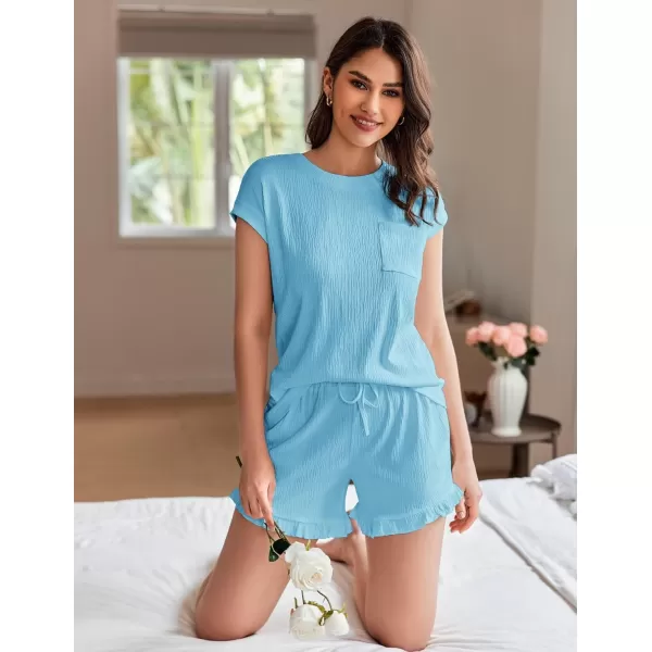 Ekouaer Womens Pajama Set Cap Sleeve Lounge Set Tops and Ruffle Shorts Pj Sets Casual Sleepwear with PocketsLight Blue