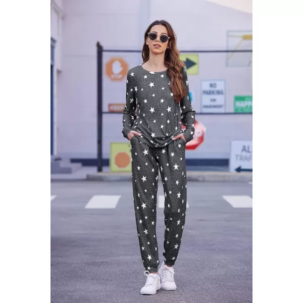 Ekouaer Womens Pajama Set Long Sleeve Sleepwear Star Print Nightwear Soft Pjs Lounge Sets with PocketsAdark Grey White Star