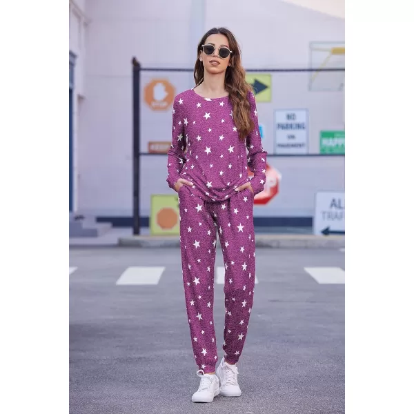 Ekouaer Womens Pajama Set Long Sleeve Sleepwear Star Print Nightwear Soft Pjs Lounge Sets with PocketsAdeep Purple White Star