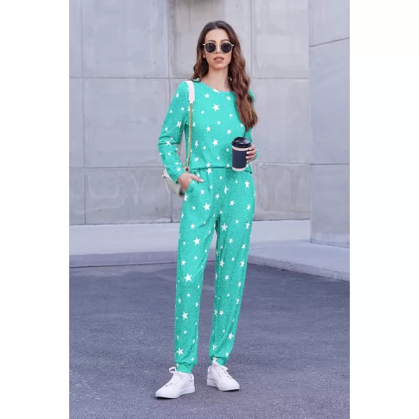 Ekouaer Womens Pajama Set Long Sleeve Sleepwear Star Print Nightwear Soft Pjs Lounge Sets with PocketsAlake Blue White Star