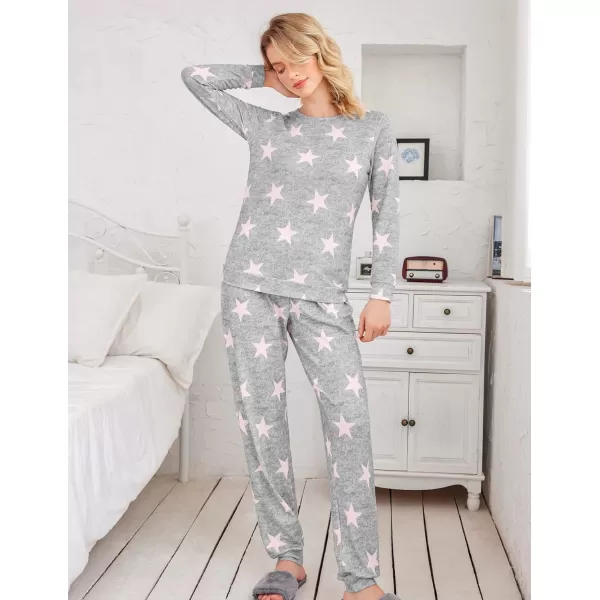 Ekouaer Womens Pajama Set Long Sleeve Sleepwear Star Print Nightwear Soft Pjs Lounge Sets with PocketsAlight Grey Pink Star