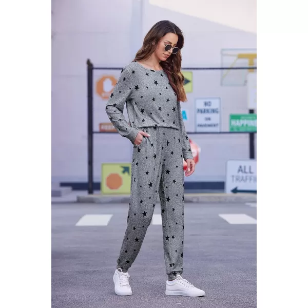 Ekouaer Womens Pajama Set Long Sleeve Sleepwear Star Print Nightwear Soft Pjs Lounge Sets with PocketsAmedium Grey Black Star