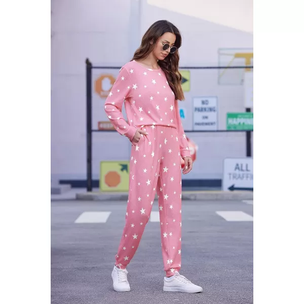 Ekouaer Womens Pajama Set Long Sleeve Sleepwear Star Print Nightwear Soft Pjs Lounge Sets with PocketsApink White Star