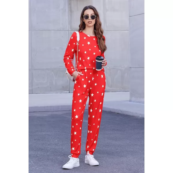 Ekouaer Womens Pajama Set Long Sleeve Sleepwear Star Print Nightwear Soft Pjs Lounge Sets with PocketsAred White Star