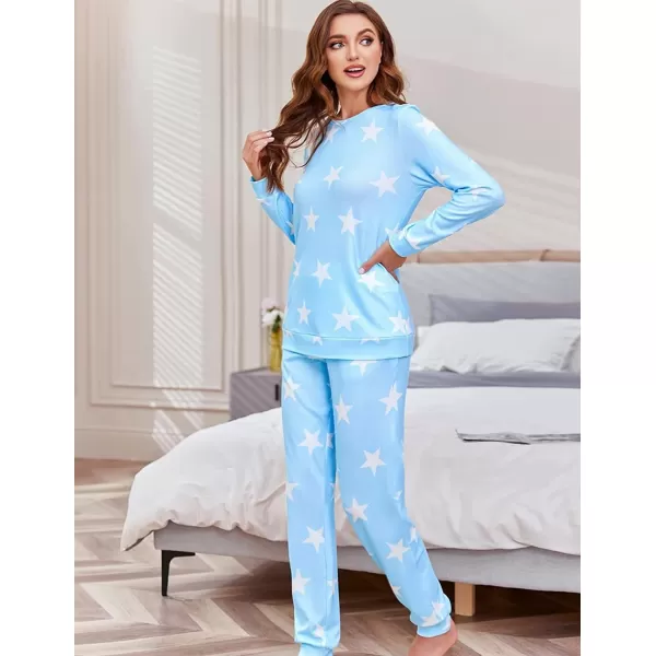 Ekouaer Womens Pajama Set Long Sleeve Sleepwear Star Print Nightwear Soft Pjs Lounge Sets with PocketsAsky Blue White Star