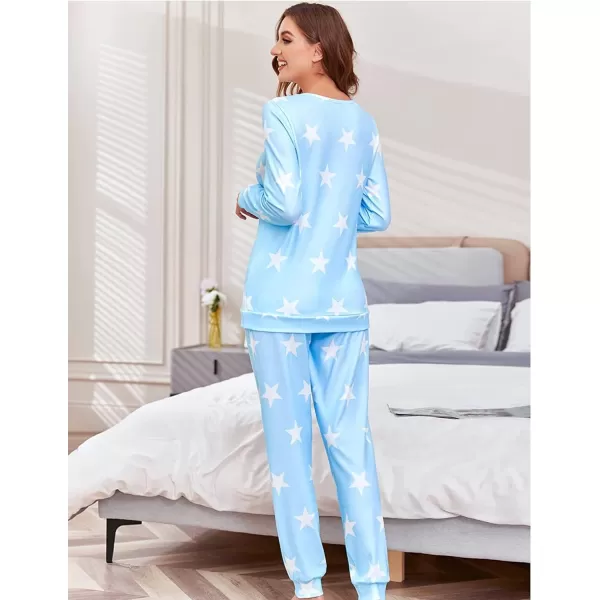 Ekouaer Womens Pajama Set Long Sleeve Sleepwear Star Print Nightwear Soft Pjs Lounge Sets with PocketsAsky Blue White Star