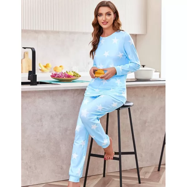 Ekouaer Womens Pajama Set Long Sleeve Sleepwear Star Print Nightwear Soft Pjs Lounge Sets with PocketsAsky Blue White Star