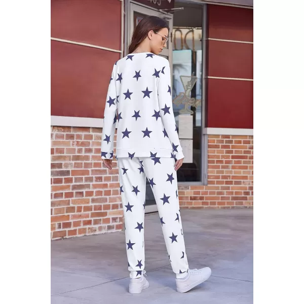 Ekouaer Womens Pajama Set Long Sleeve Sleepwear Star Print Nightwear Soft Pjs Lounge Sets with PocketsAwhite Blue Star