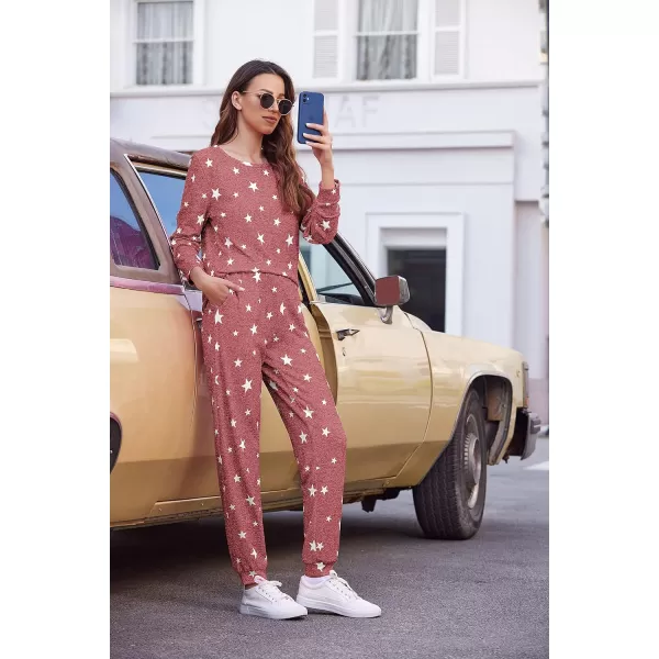 Ekouaer Womens Pajama Set Long Sleeve Sleepwear Star Print Nightwear Soft Pjs Lounge Sets with PocketsAwine Red White Star