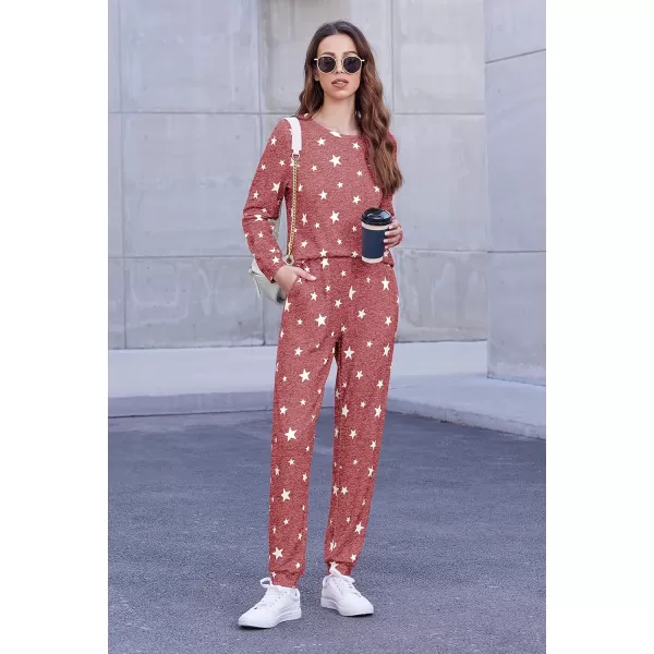 Ekouaer Womens Pajama Set Long Sleeve Sleepwear Star Print Nightwear Soft Pjs Lounge Sets with PocketsAwine Red White Star