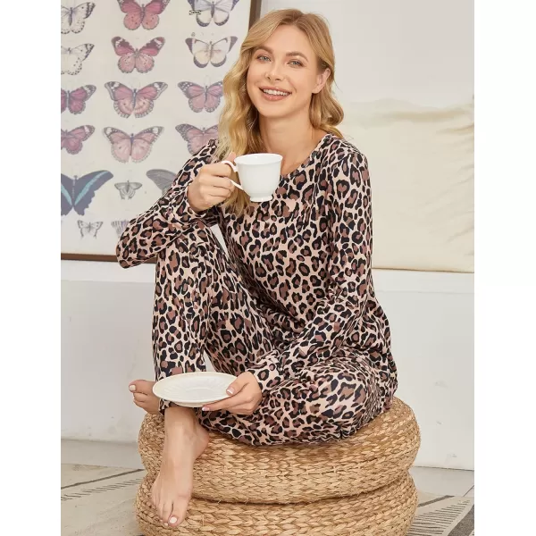 Ekouaer Womens Pajama Set Long Sleeve Sleepwear Star Print Nightwear Soft Pjs Lounge Sets with PocketsBbrown Leopard