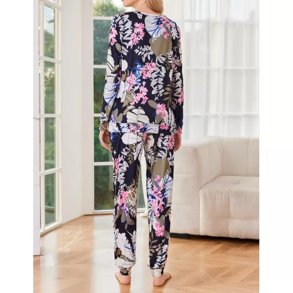 Ekouaer Womens Pajama Set Long Sleeve Sleepwear Star Print Nightwear Soft Pjs Lounge Sets with PocketsBlack Floral Print