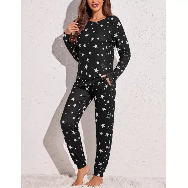 Ekouaer Womens Pajama Set Long Sleeve Sleepwear Star Print Nightwear Soft Pjs Lounge Sets with PocketsBlack Star