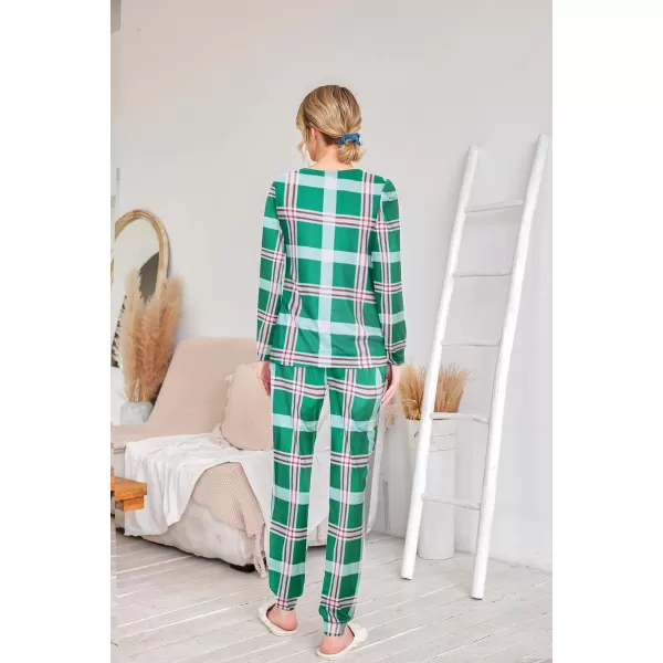 Ekouaer Womens Pajama Set Long Sleeve Sleepwear Star Print Nightwear Soft Pjs Lounge Sets with PocketsGreen Plaid