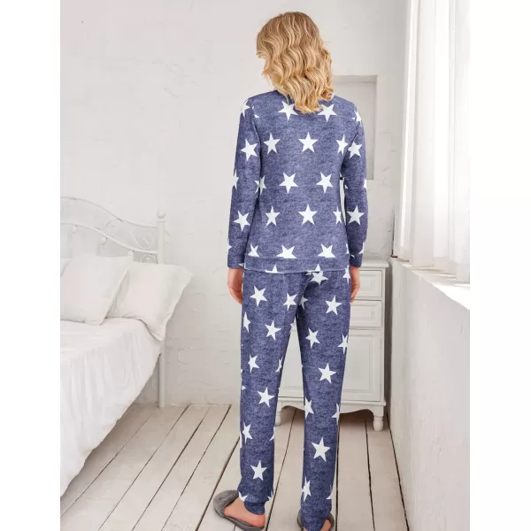 Ekouaer Womens Pajama Set Long Sleeve Sleepwear Star Print Nightwear Soft Pjs Lounge Sets with PocketsLongblue White Star