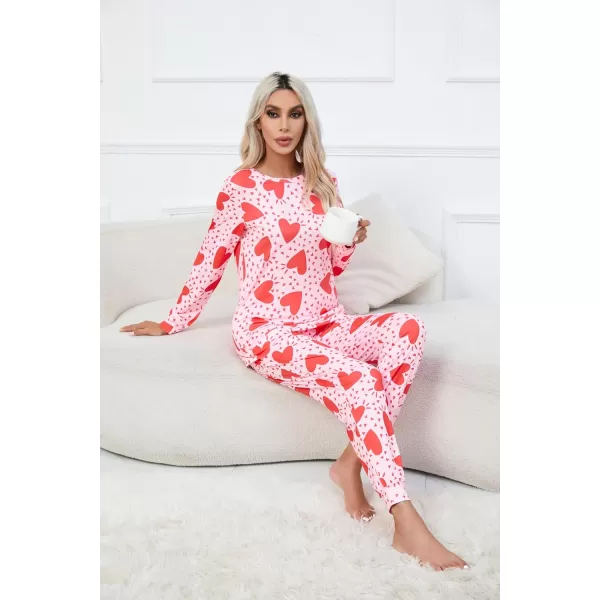 Ekouaer Womens Pajama Set Long Sleeve Sleepwear Star Print Nightwear Soft Pjs Lounge Sets with PocketsPink Heart