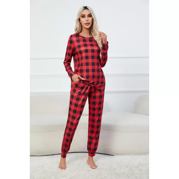 Ekouaer Womens Pajama Set Long Sleeve Sleepwear Star Print Nightwear Soft Pjs Lounge Sets with PocketsRed Plaid