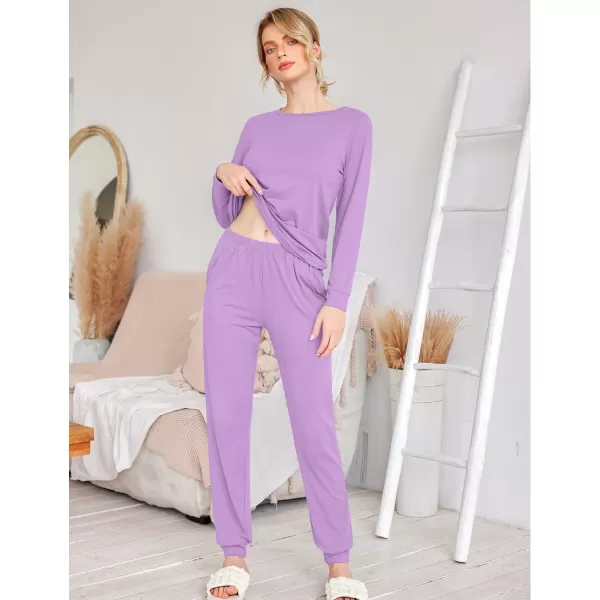 Ekouaer Womens Pajama Set Long Sleeve Sleepwear Star Print Nightwear Soft Pjs Lounge Sets with PocketsSolidpurple