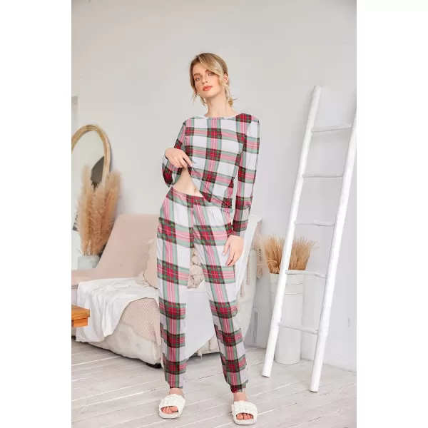 Ekouaer Womens Pajama Set Long Sleeve Sleepwear Star Print Nightwear Soft Pjs Lounge Sets with PocketsWhite Red Green Plaid