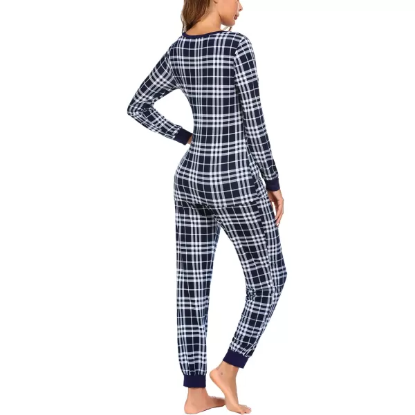 Ekouaer Womens Pajama Set Plaid Pj Long Sleeve Sleepwear Soft Contrast 2 Piece Lounge SetsDeep Blue Plaid