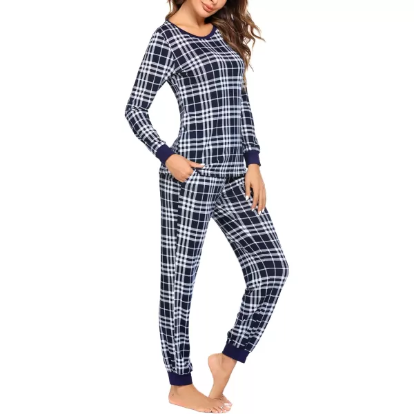 Ekouaer Womens Pajama Set Plaid Pj Long Sleeve Sleepwear Soft Contrast 2 Piece Lounge SetsDeep Blue Plaid